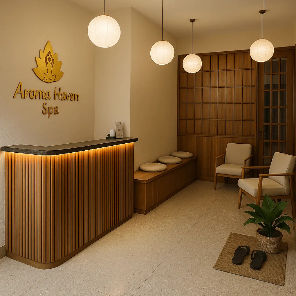 Aroma Haven Spa reception with lotus logo signage